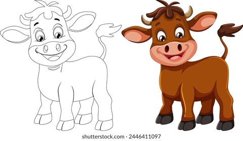 Vector art of a cow, both colored and line art.