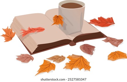 Vector art cozy warm coffee with autumn shades and maple leaves falling due to the warm autumn in November and October 