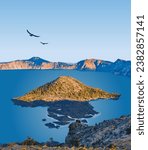 Vector art of Crater Lake National Park with an iconic view of its Crater Lake, formed by the now-collapsed volcano, Mount Mazama. An illustration of for art prints, badges or designs.