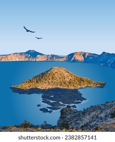 Vector art of Crater Lake National Park with an iconic view of its Crater Lake, formed by the now-collapsed volcano, Mount Mazama. An illustration of for art prints, badges or designs.