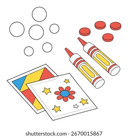 Vector art of creative coloring activity set with crayons, shapes, and cards for artistic fun and learning