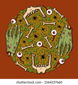 Vector art with creepy eyes, hands, bones, spiders for spooky design, print, poster, cover, sticker, packing, t-shirt. Scary illustration for horror festival, party invitation, Halloween decoration.