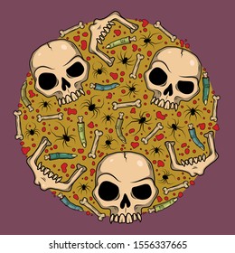 Vector art with creepy fingers, skulls, bones, spiders for scary design, print, poster, cover, sticker, packing, t-shirt Spooky illustration for horror festival, party invitation, Halloween decor.