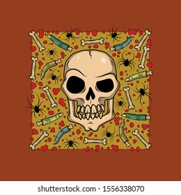 Vector art with creepy fingers, skulls, bones, spiders for scary design, print, poster, cover, sticker, packing, t-shirt Spooky illustration for horror festival, party invitation, Halloween decoration