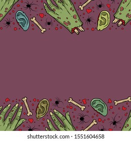 Vector art with creepy hands, ears, bones, spiders, blood for scary design, print, poster, cover, sticker, packing. Spooky illustration for horror festival, party invitation, Halloween decoration.