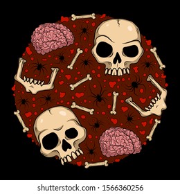 Vector art with creepy skulls, bones, brain, spiders, for spooky design, print, poster, cover, sticker, packing, t-shirt. Scary illustration for horror festival, party invitation, Halloween decor.