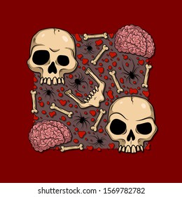 Vector art with creepy skulls, bones, brain, spiders, blood for spooky design, print, poster, cover, sticker, t-shirt. Scary illustration for horror festival, party invitation, Halloween decoration.
