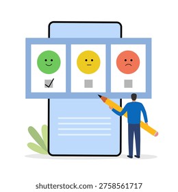 Vector art of customer feedback and review concept people giving star ratings, writing testimonials, and using AI chatbots to collect and analyze customer opinions in a modern outline style