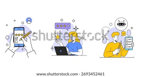 Vector art of customer feedback and review concept people giving star ratings, writing testimonials, and using AI chatbots to collect and analyze customer opinions in a modern outline style