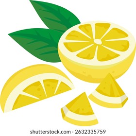 Vector art of cut lemons. Some green leaves. Simple and flat style. Image with white background. It looks like a grapefruit or a lime.