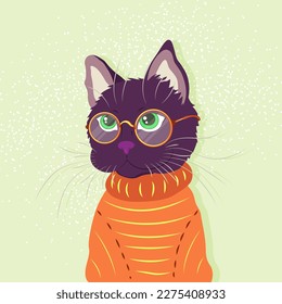 Vector Art with cute cat in sweater and glasses.