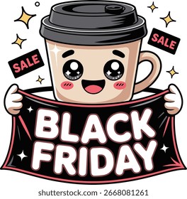 Arte vectorial del carácter lindo de la taza de café que sostiene el Anuncio negro de la venta del viernes