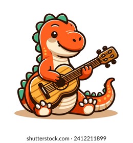 Vector art of a cute dinosaur playing guitar music cartoon style vector icon illustration