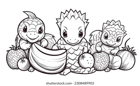 Arte vectorial, personaje de dragón suave con algunas frutas