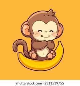 Vector art of a cute monkey on a large yellow banana