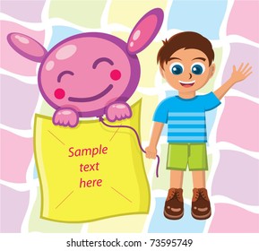 vector art of a cute smiling kid together with a balloon mascot holding an object that can be utilized as text space
