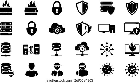 Arte vectorial de íconos de seguridad cibernética que incluyen firewall, bloqueo, servidor, escudo, computadora, nube, virus
