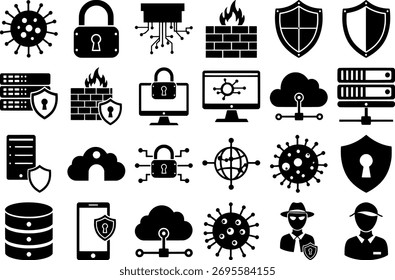 Vetor arte de ícones de segurança cibernética vírus, bloqueio, firewall, escudo, computador, nuvem, hacker