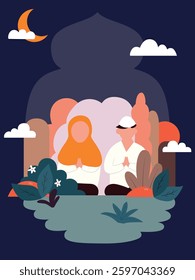 vector art with dark background, girl and boy sit with praying hands gesture. Great for  ramadan kareem or eid mubarak background, greeting cards, and illustration