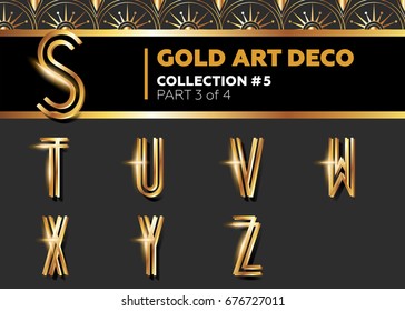 Vector Art Deco 3D Font. Shining Gold Retro Alphabet. Gatsby Style. Metallic Vintage Letters for Poster, Placard, Flyer, Party, Wedding Invitation, Banner. 