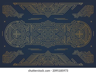 Vector art deco abstract geometric design templates for luxury products. Geometric golden background, elements, dividers. Linear ornament composition. Use for packaging, branding, decoration
