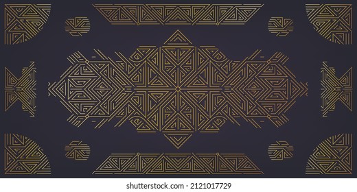 Vector art deco abstract geometric design templates for luxury products. Geometric golden background, banners, elements, dividers. Line ornament composition. Use for branding, decoration