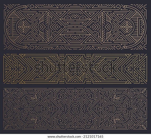 Vector\
art deco abstract geometric design templates for luxury products.\
Geometric golden background, banners, elements, dividers. Linear\
ornament composition. Use for branding,\
decoration