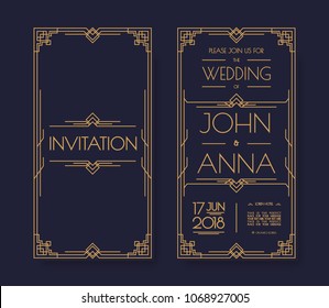 Vector art deco and arabic vintage wedding invitation template set with gold color frame line style for party, greeting card. 10 eps