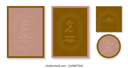 Vector art deco and arabic vintage wedding invitation template set with gold color frame line style and double arch for party, greeting card