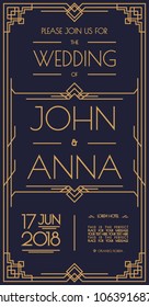 Vector art deco and arabic wedding invitation template line style with gold color frame for greeting card. 10 eps