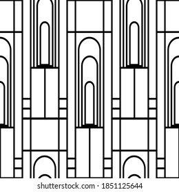 Vector art deco architectural vertical geometric grid design with tall arches, squares, rectangles. Black and white seamless pattern background. Elegant stylized backdrop repeat 1920s style.