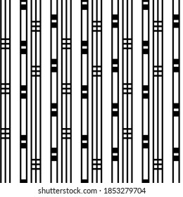 Vector art deco architectural vertical linear geometric grid design with parallel lines stripes, squares. Black and white seamless pattern background. Elegant stylized backdrop repeat 1920s style.