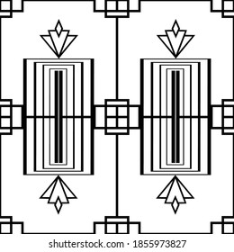 Vector art deco architectural vertical geometric grid with decorative rectangles shapes and stylized rhombus flowers. Monochrome seamless pattern background. Elegant repeat backdrop 1920s style
