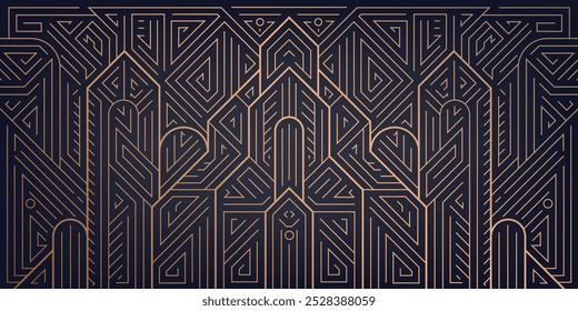 Vector art deco architecture, building line pattern. Gold elegant city illustration, vintage gatsby ornament.