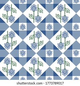 Vector art deco azul floral gingham sin fisuras de fondo. Ideal para proyectos de textil, de reserva de chatarra y de papel pintado. 
