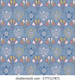 Vector Art deco blue -pink shell and teapot seamless repeat pattern background. Great for textile, scrap booking and wallpaper projects.