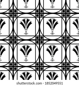 Vectorart deco dekorative Gitter und fächert stilisierte Blumen. Nahtloser einfarbiger Musterhintergrund. Hintergrund mit ordentlichen quadratischen Kartons mit floralen Formen. Elegante Wiederholung des Stils der 20er Jahre