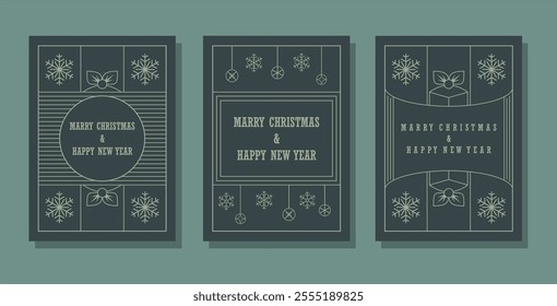 Vector art deco design of luxury Christmas invitation card. Christmas bauble, gift line art on dark gray background. Design illustration for cover, poster, wallpaper