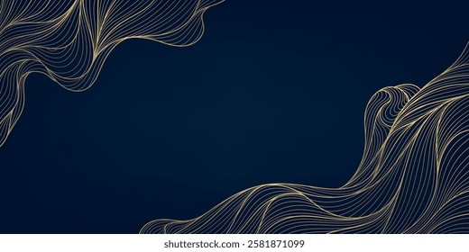 Vector art deco fancy background. Gold on blue abstract wave pattern, curve elegant banner, premium graphic texture, flow ornament, frame