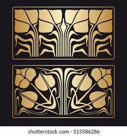 Vector art deco floral golden ornament on black.