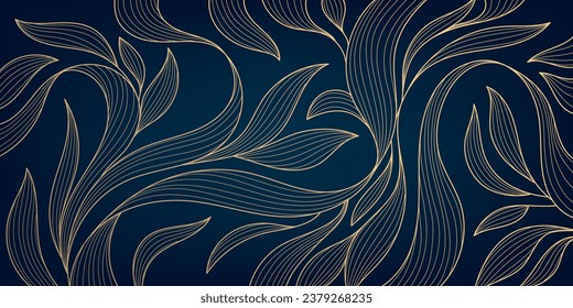 Vector art deco floral pattern, wavy luxury golden line background. Leaves texture, line design for interior, textile, poster, package, wrappers, gifts.