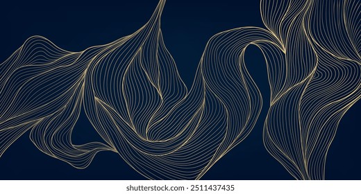 Arte vectorial deco patrón floral, ondulado fondo de línea dorada de lujo. Textura de hojas, diseño de línea para el interior, textil, cartel, paquete, envoltorios, regalos.