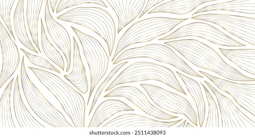 Arte vectorial deco patrón floral, ondulado fondo de línea dorada de lujo. Textura de hojas, diseño de línea para el interior, textil, cartel, paquete, envoltorios, regalos.