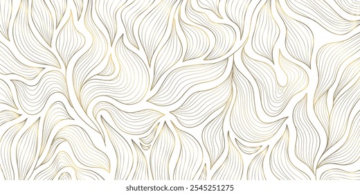 Arte vectorial deco patrón floral, ondulado fondo de línea dorada de lujo. Textura de hojas, diseño de línea para el interior, textil, cartel, paquete, envoltorios, regalos.