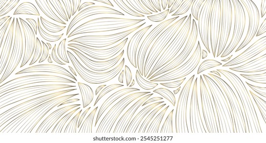 Arte vectorial deco patrón floral, ondulado fondo de línea dorada de lujo. Textura de hojas, diseño de línea para el interior, textil, cartel, paquete, envoltorios, regalos.