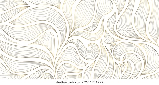 Arte vectorial deco patrón floral, ondulado fondo de línea dorada de lujo. Textura de hojas, diseño de línea para el interior, textil, cartel, paquete, envoltorios, regalos.