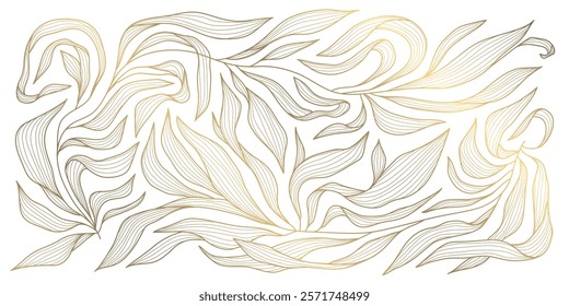 Vector art deco floral pattern, wavy luxury golden line background. Leaves texture, line design for interior, textile, poster, package, wrappers, gifts.