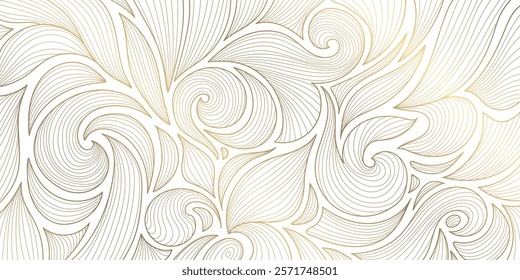 Vector art deco floral pattern, wavy luxury golden line background. Leaves texture, line design for interior, textile, poster, package, wrappers, gifts.