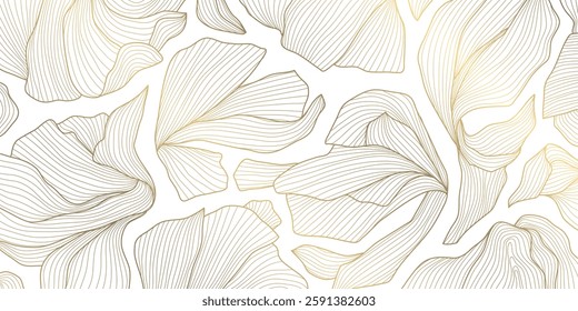 Vector art deco floral pattern, gold on white flower line leaves wallpaper, luxury plant texture, nature elegant ornament. Botanical jungle graphic motif, garden illustration, nouveau style