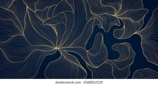 Vector art deco flower line pattern, abstract luxury floral leaf texture, plant ornament. Gold japanese nature illustration, elegant drawing
